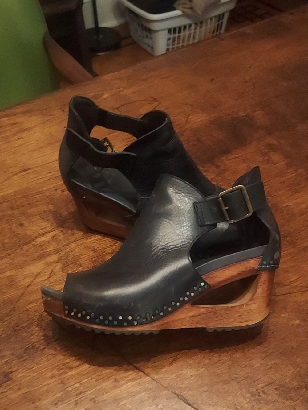 Dansko Black Leather Open-Toe Wedge Sandals with Wood Platform